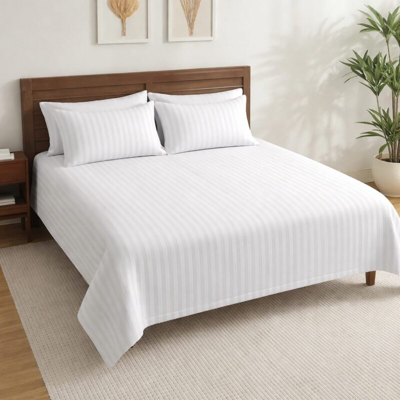 Sofrito Bedsheet Cotton Blend Striped- 320 TC – White