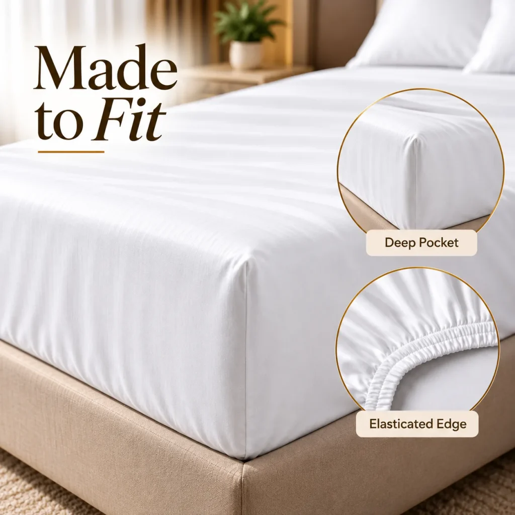 Sofrito 100% Cotton Bedsheet (Fitted) Sateen Finish Plain White for Hotels & Bulk Use Sofrito 100% Cotton Bedsheet (Fitted) Sateen Finish Plain White 100% cotton bedsheet