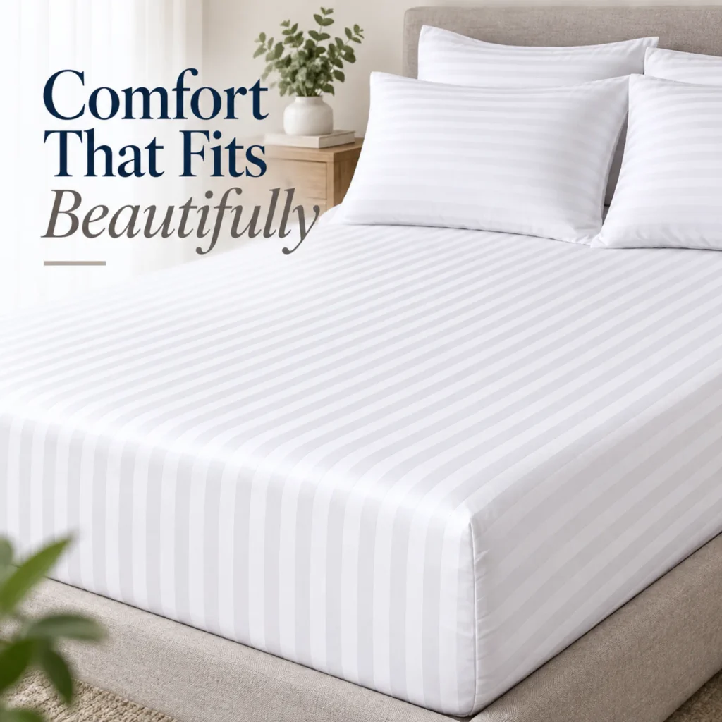 Sofrito 100% Cotton Bedsheet (Fitted) - Striped - White for Hotels & Bulk Use Sofrito 100% Cotton Bedsheet (Fitted) - Striped - White 100% cotton bedsheet
