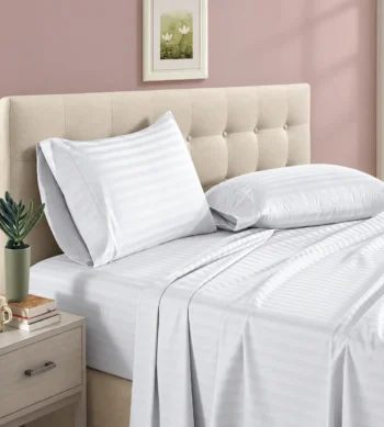 Sofrito 100% Cotton Bedsheet (Flat) - Striped - White | Anti Pilling Processed Fabric