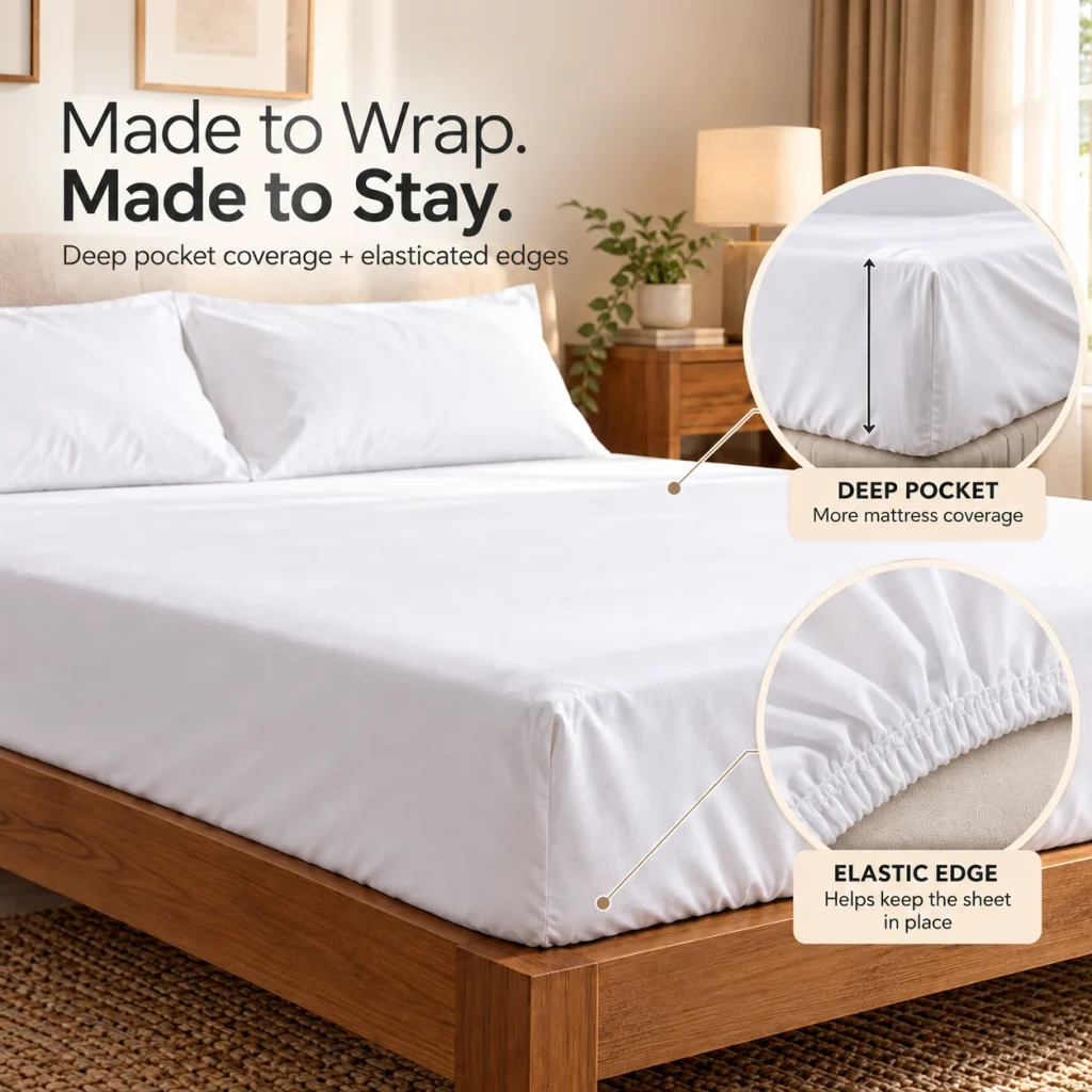 Sofrito Bedsheet (Fitted) Glace Cotton Plain - 300 TC - White fitted bedsheet