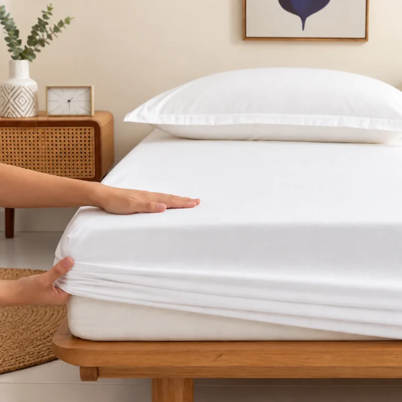 Sofrito Bedsheet (Fitted) Glace Cotton Plain - 300 TC - White fitted bedsheet