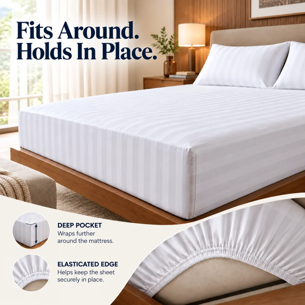 Sofrito Bedsheet (Fitted) Glace Cotton Striped - White for Hotels & Bulk Use Sofrito Bedsheet (Fitted) Glace Cotton Striped - White Glace Cotton Fitted Bedsheet