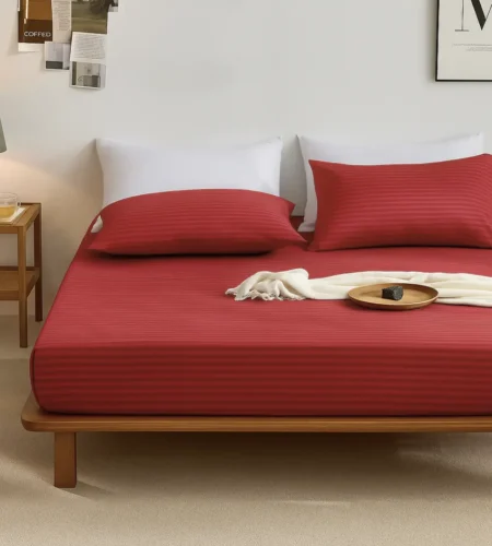 sofrito fitted bedsheet glace cotton stripes crimson red