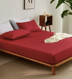sofrito fitted bedsheet glace cotton stripes crimson red
