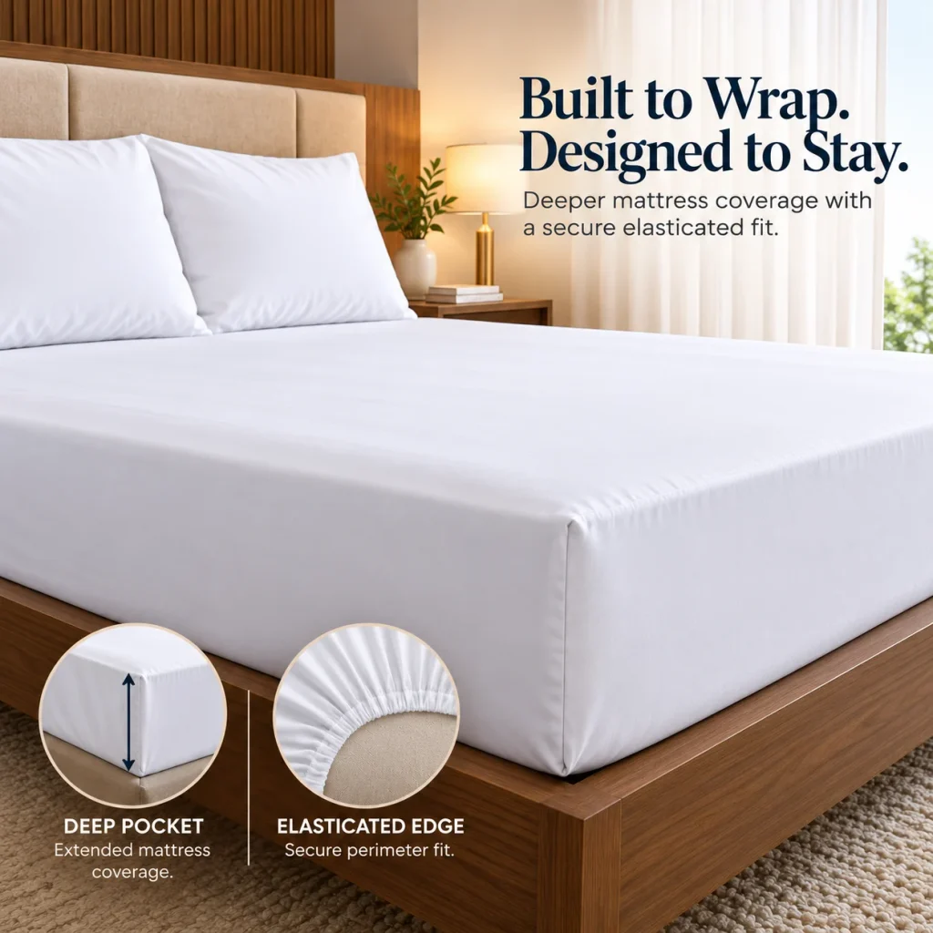 Sofrito Fitted Bedsheet 300 TC Plain Percale Cotton Blend - White | 12 - Months Guarantee | Hotel Premium with Easy Care | Fitted bedsheet